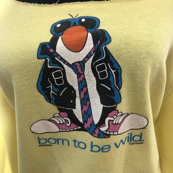 Vintage 90s Born to Be Wild Penguin Sweatshirt Yellow Medium - Picture 7 of 8